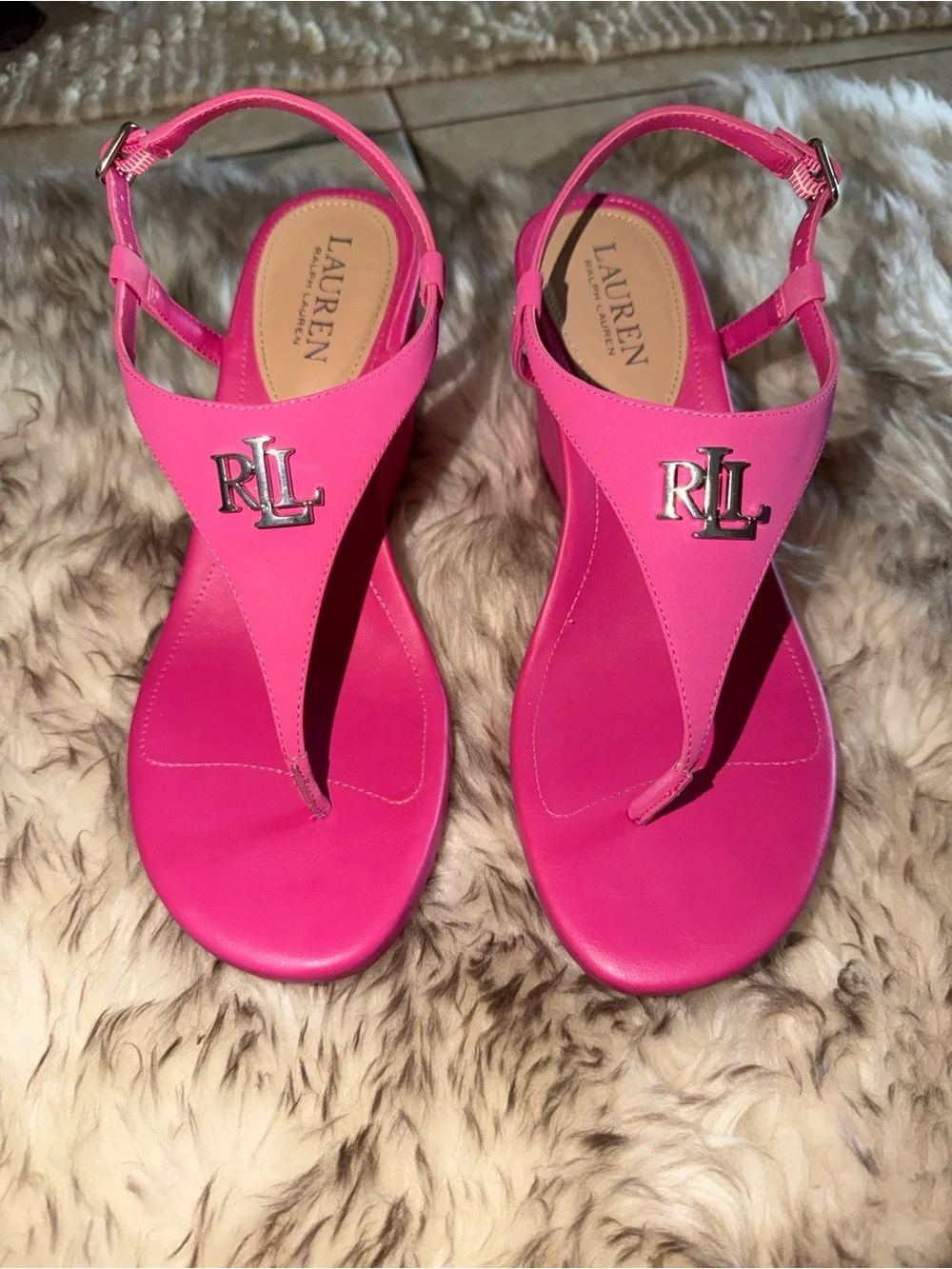 Ralph Lauren Jeannie Hot Pink low Wedge dressy designer hamptons Thong Sandals 8